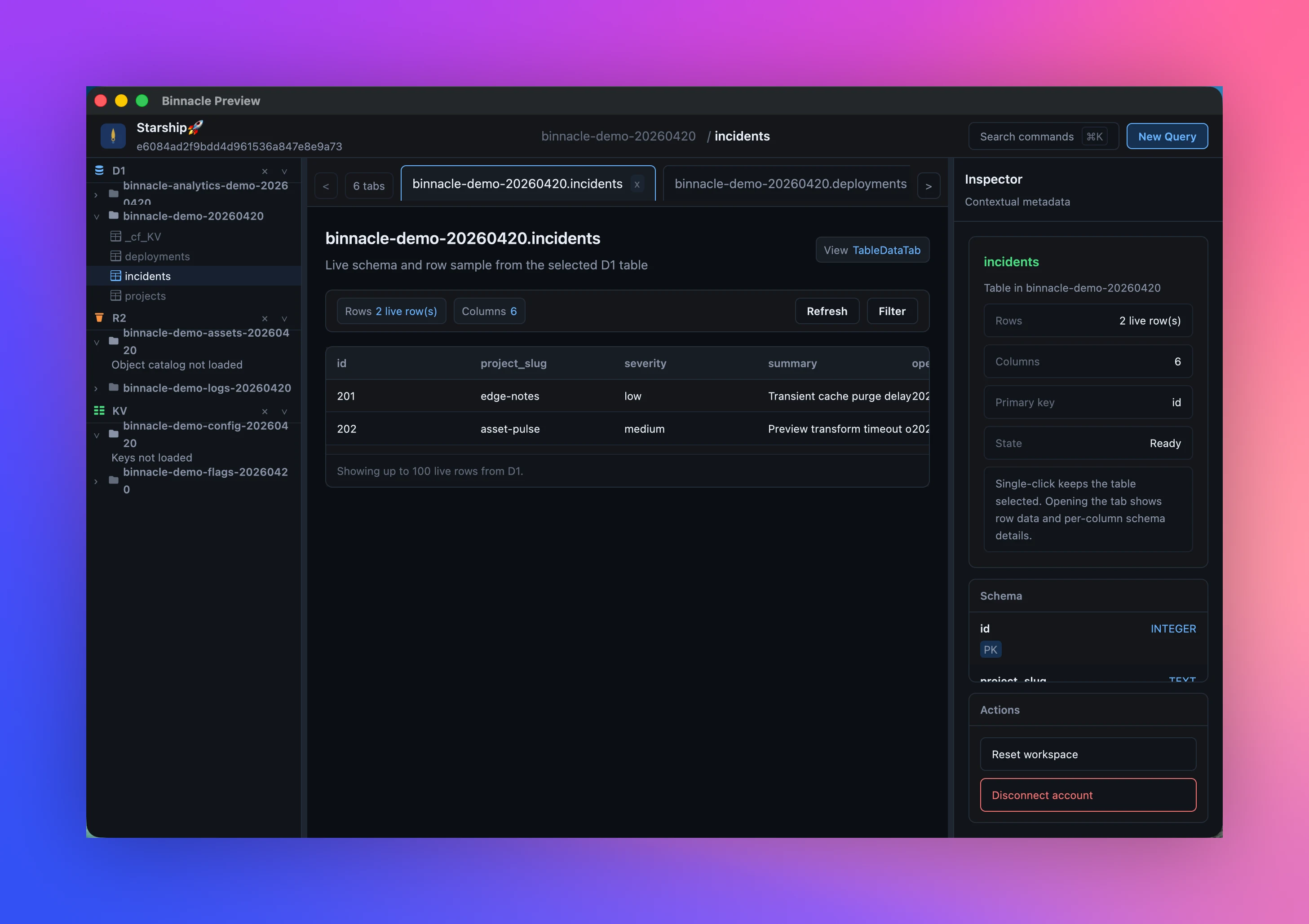 Binnacle D1 query workspace